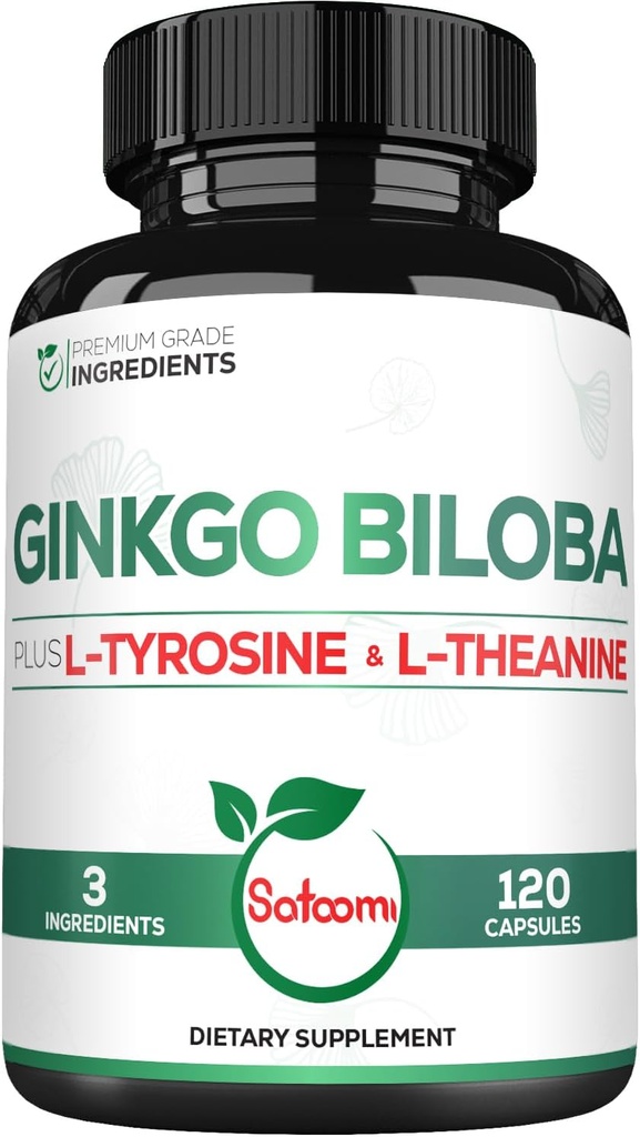 1000 mg Ginkgo Biloba, L-Tyrosine, L-Theanine - 2Month Supply - Support Focus, Mermory Function, Brain Health & Vision Quality Quality Quality