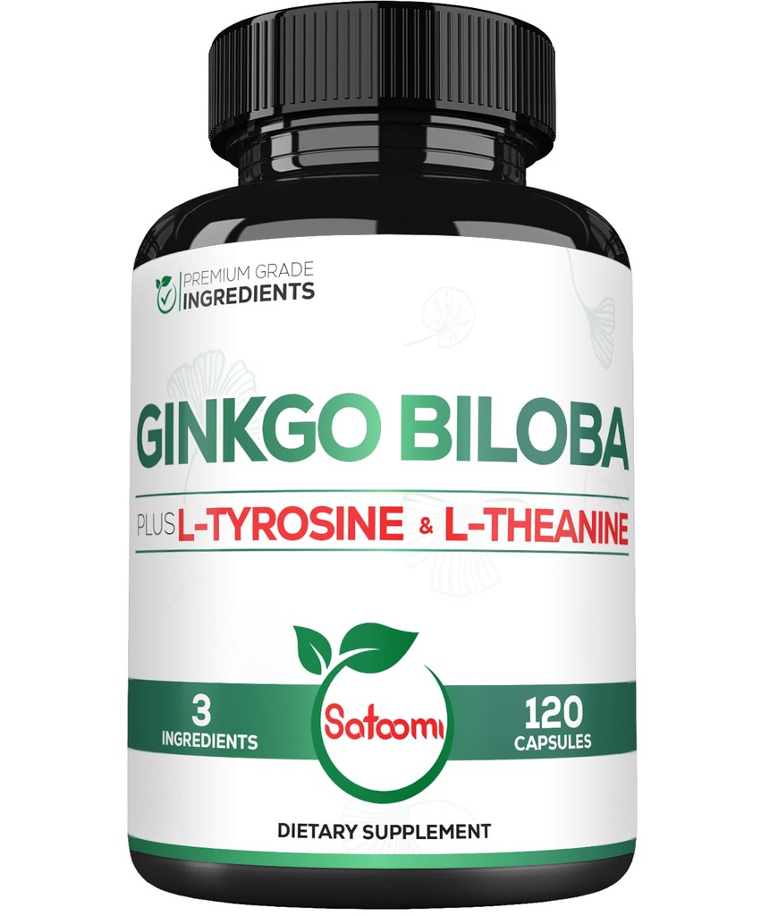 1000 mg Ginkgo Biloba, L-Tyrosine, L-Theanine - 2Month Supply - Support Focus, Mermory Function, Brain Health & Vision Quality Quality Quality