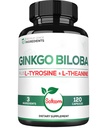 1000 mg Ginkgo Biloba, L-Tyrosine, L-Theanine - 2Month Supply - Support Focus, Mermory Function, Brain Health & Vision Quality Quality Quality