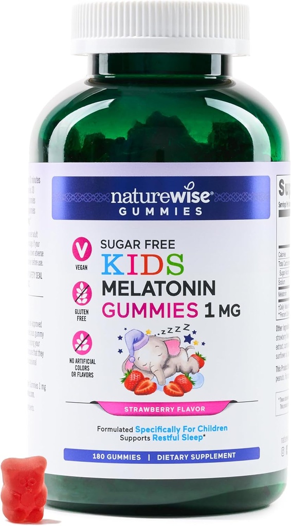 NatureWise Kids Melatonin 1 mg Sugar-Free Gummies for Children Ages 4 & Up - Non-Habit Form Sleep Aid - Strawberry Flavored - Vegan, No Gluten, Non-GMO - 180 Count[6-Month Supply]