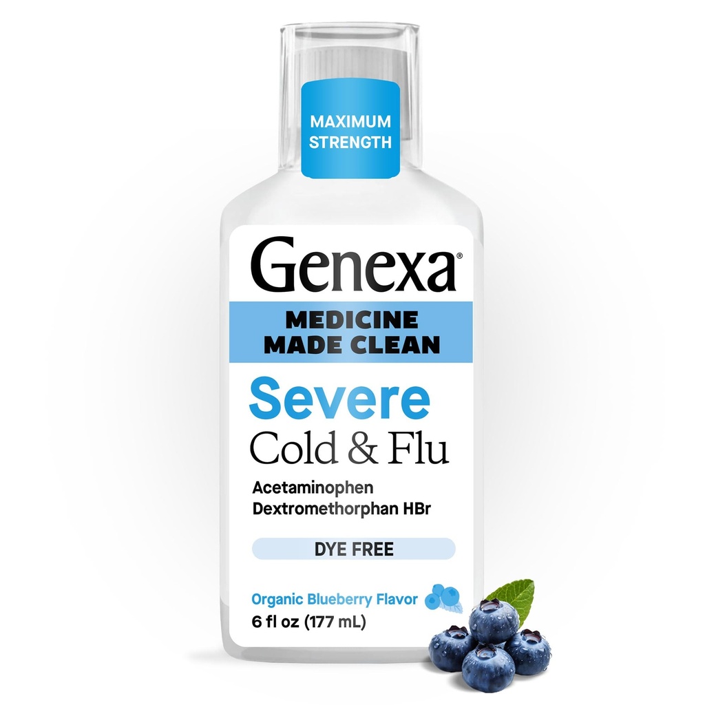 Genxa Clean Cold & Flu Relief, Dye Free, 0% Yapay Katkılar, Vücut Ağrısı için Severe Daytime Tıp, Cough, Cold and Flu, Headache, Tit Congestion, Organic Blueberry Flavor, 6 fl oz
