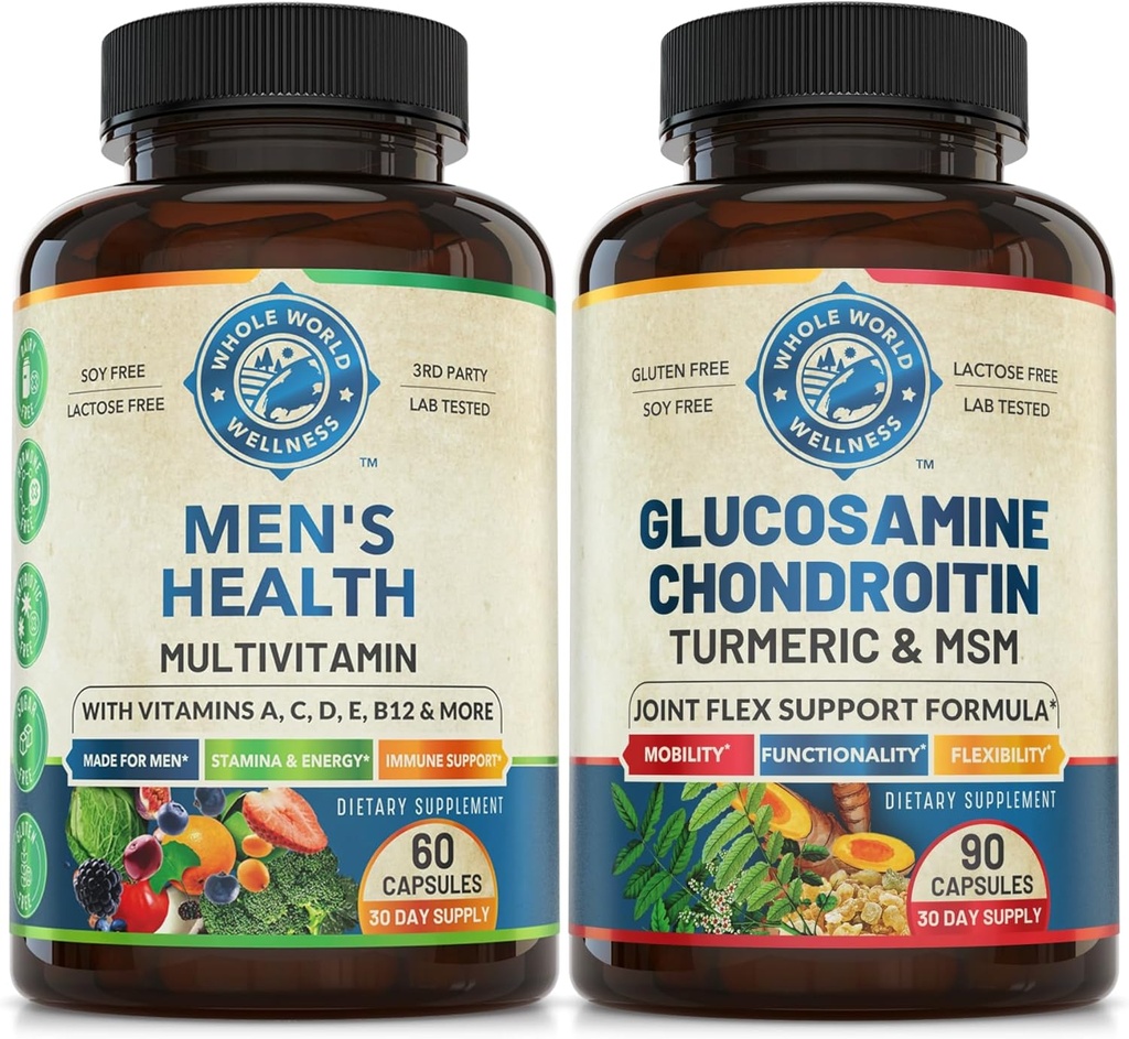 Mens Daily Multivitamins & Advanced Joint Support Bundle (Ένα μπουκάλι το καθένα). Συλλογικά υποστηρίζει Ολιστική Ευεξία, Ενισχυμένη Ενέργεια, και Κοινή Υγεία. USA Made (στα Αγγλικά).