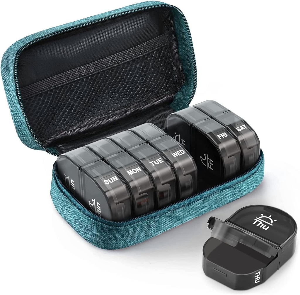 AUVON Canvas τσάντα Travel Pill Organizer 2 φορές την ημέρα, μεγάλη AM/PM εβδομαδιαίο κουτί χάπια 7 ημέρα θήκη χάπι με φορητό κυανό Zipper τσάντα για την εκμετάλλευση συμπληρώματα, βιταμίνες και ιχθυέλαια