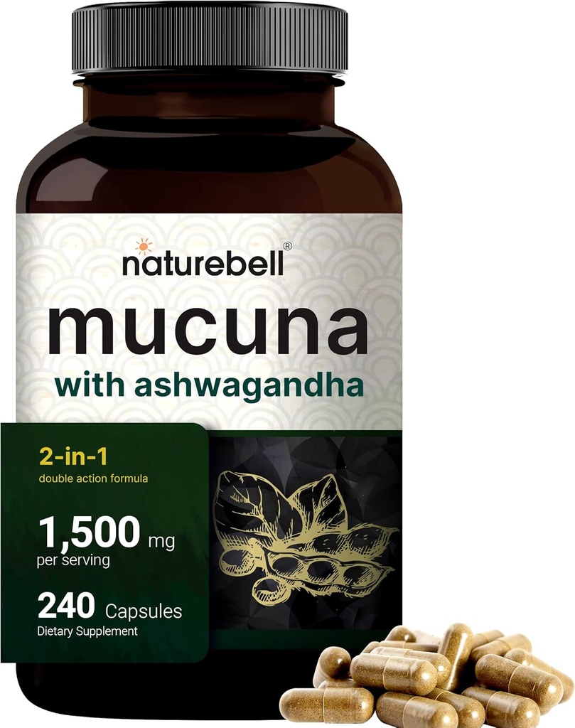 Mucuna Pruriens Capsules, Triple Strength 1500mg Per Servis, 1 Formula, Mucuna ve Ashwagandha, 240 Capsules, Potent Seed Extract, Pozitif Mood, Relaxation & Rest Support Support
