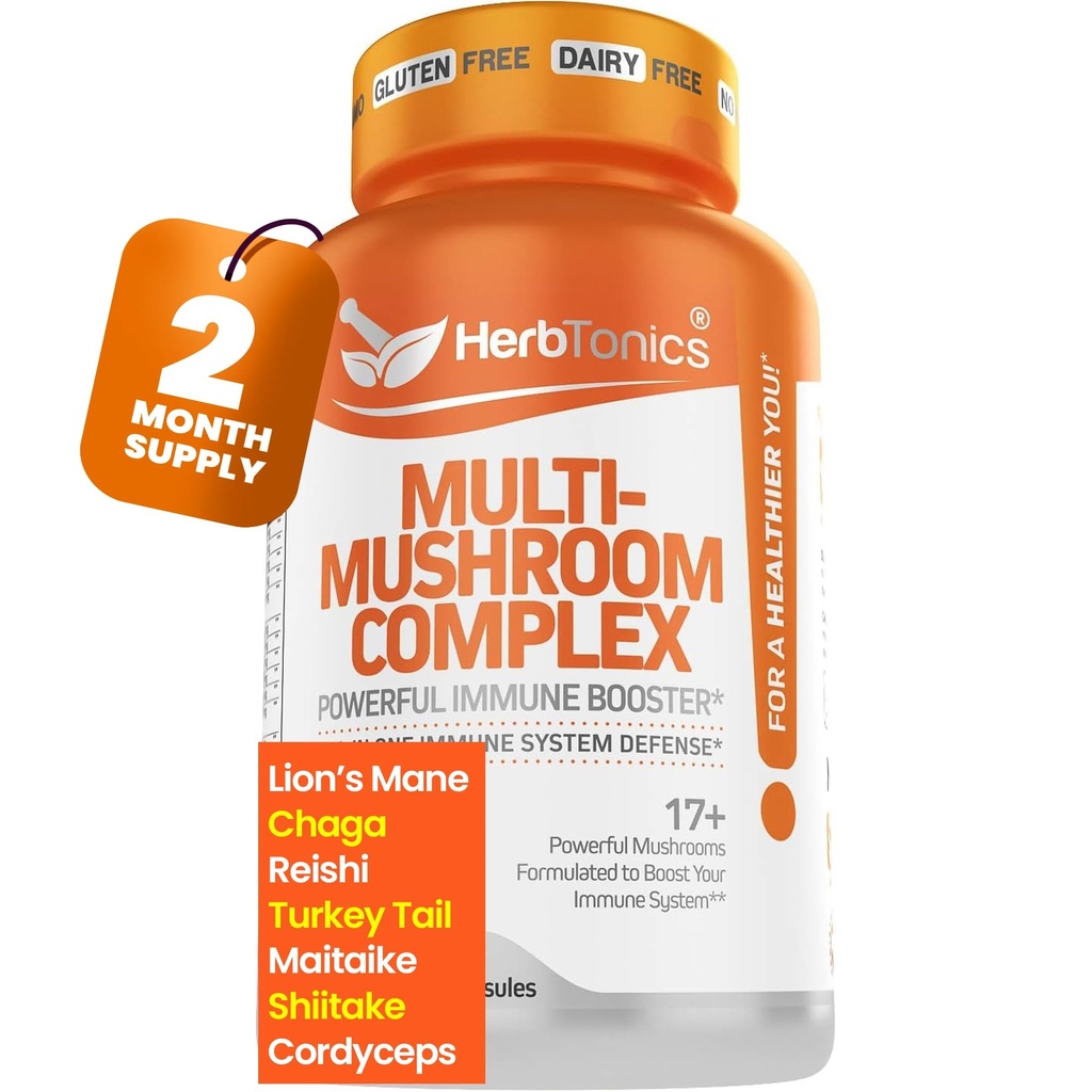 Herbtonics All-in-One Mushroom Supplement for Immune System Support | Nootropic Brain Support Supplement with Lion's Mane, Cordyceps, Reishi | Güçlü Mushroom Kompleksi | 120 Vegan Capsules
