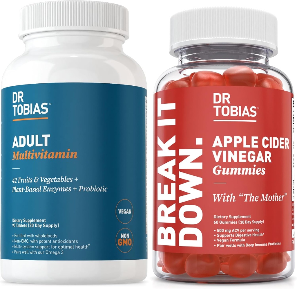 Dr. Tobias Yetişkin Multivamin & Apple Cider Vinegar Gummies, Supports Energy, Immunity & Gut Health, 42 Meyve ve Sebze Plus Probiyotikleri, Cludes The Mother, FOlate, B12