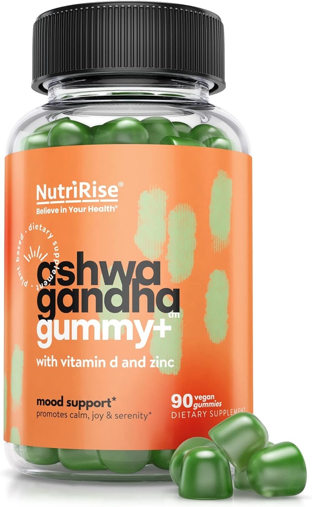 Nutririse υψηλής ισχύος Ashwagandha Gummies με βιταμίνη D, ψευδάργυρος, υποστηρίζει φυσική χαλάρωση, ύπνος & ανοσία, σκόνη σπανάκι Superfood, 30:1 συμπυκνωμένο εκχύλισμα ρίζας Ισοδύναμο με 2250 mg, 90 Count