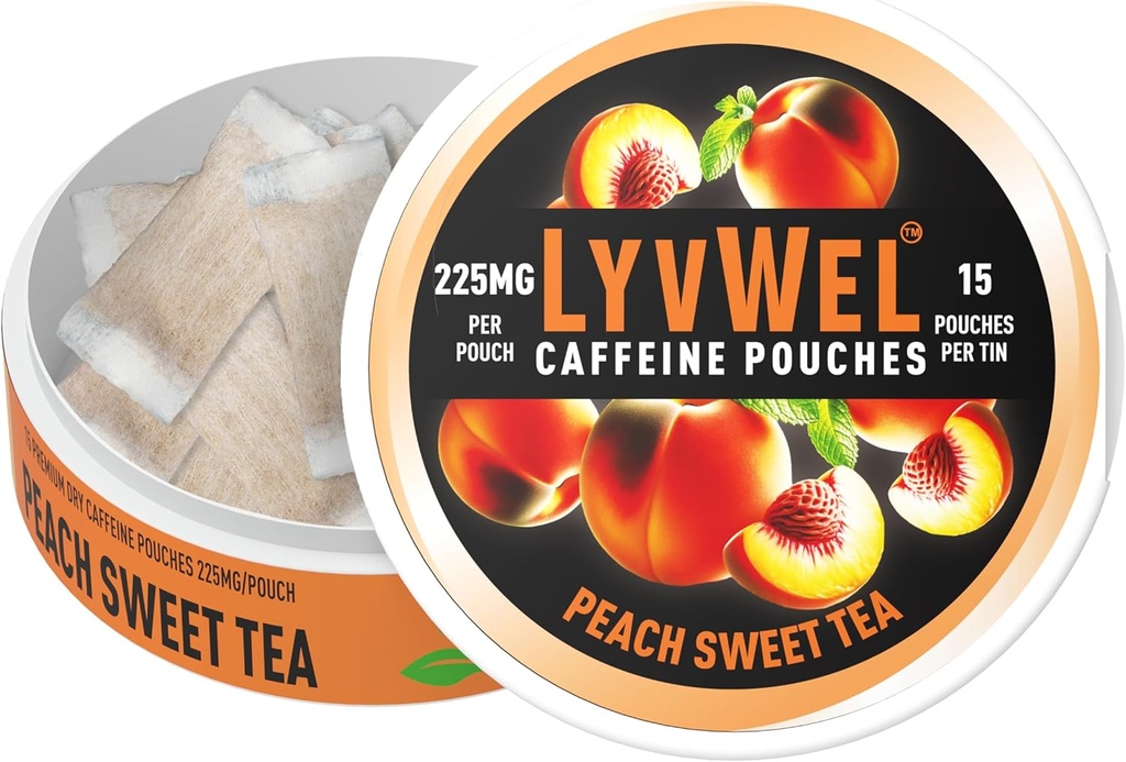 LyvWel Ultra Caffeine Pouch – Peach Sweet Tea – 225 mg Natural Caffeine with Guarana – Clean Energy for Focus & Mood – 1-Pack (15 Pouches)