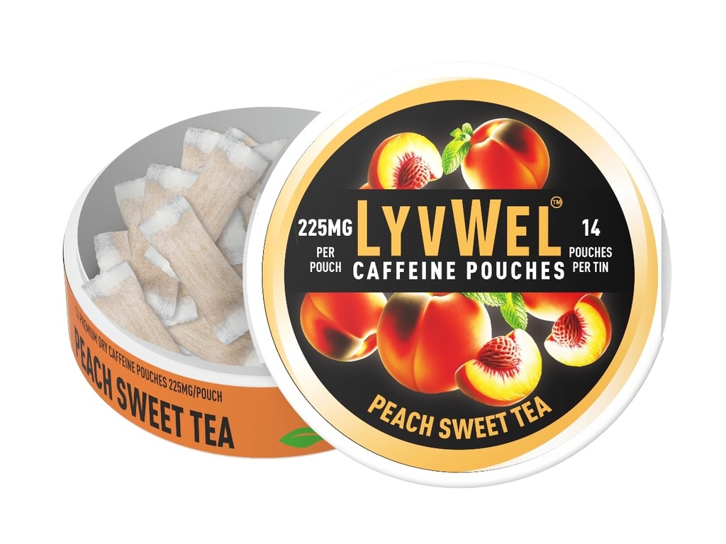LyvWel Ultra Caffeine Pouch – Peach Sweet Tea – 225 mg Natural Caffeine with Guarana – Clean Energy for Focus & Mood – 1-Pack (15 Pouches)