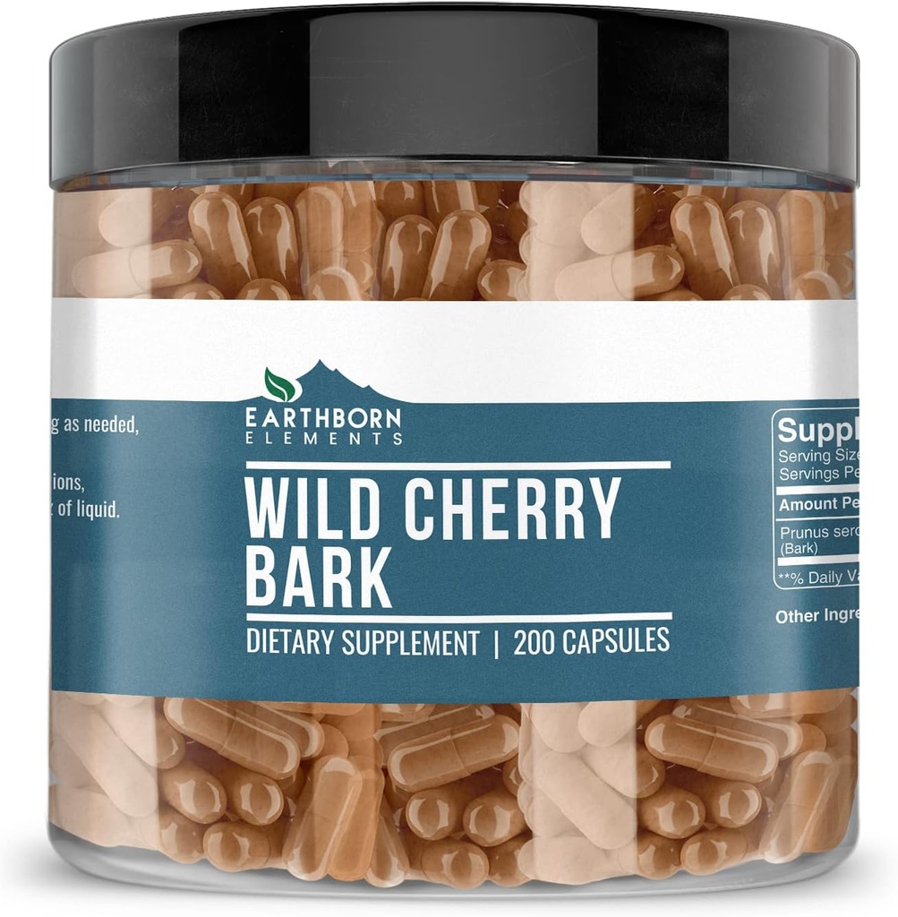 Earthborn Elements Wild Cherry Bark 200 Capsules, Pure & Undiled, No Wordss