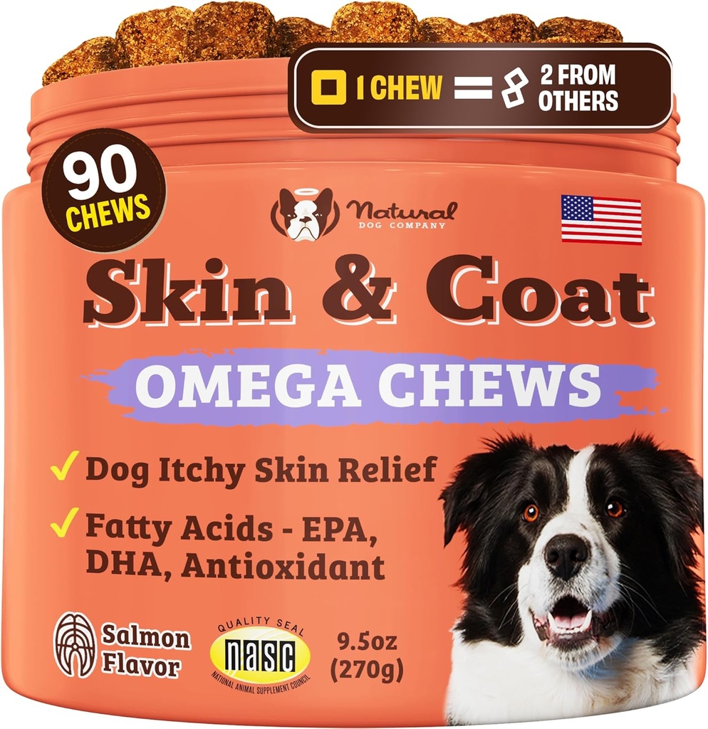 Natural Dog Company Skin & Coat Supplement for Dogs – Omega 3 Salmon Oil, Biotin & Vitamin E Support Shiny Coat, Sağlıklı Skin & Normal Shedding, Occasional Itch'tan Rahatlama, 90 Count