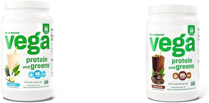 Vega protein ve Yeşiller Protein Toz, Vanilla - 20g Plant Temel Protein Plus Veggies, Vegan & Protein ve Yeşiller Protein Toz Çikolatası (19 Hizmet) - 20g Plant Temel Protein Plus