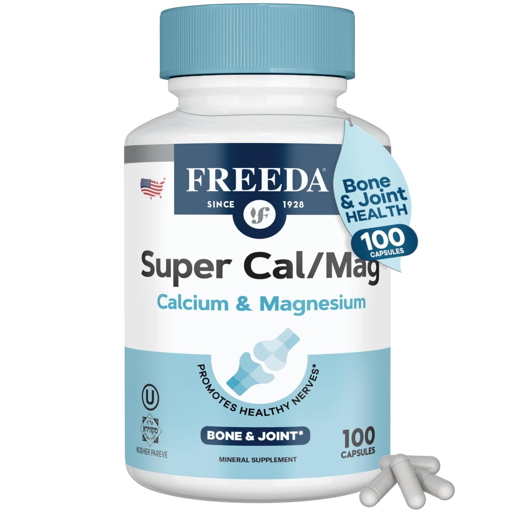 Freda Super Cal/Mag – Kosher Vegan συμπλήρωμα υγείας των οστών – υποστηρίζει τη δύναμη των οστών, νευρική λειτουργία & μυϊκή χαλάρωση – κάψουλες ασβεστίου χορτοφάγων – τεστ τρίτου μέρους – (100 κάψουλες)