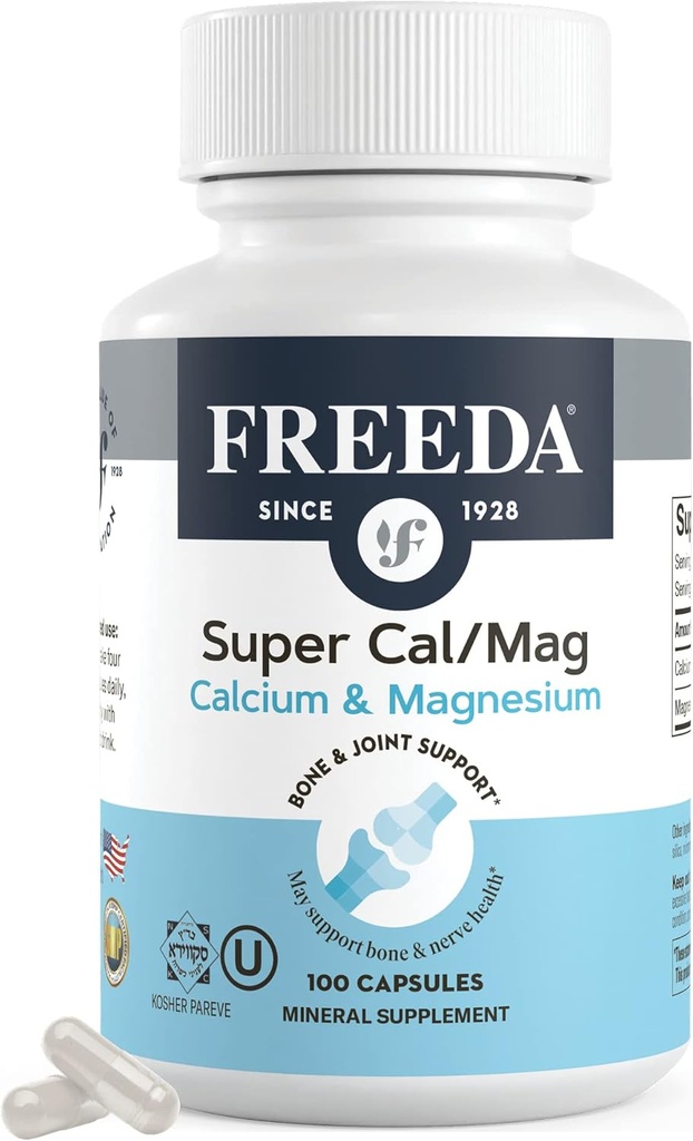 Freeda Super Cal/Mag – Kosher Vegan Bone Health Supplement – Bone Strength, Nerve Function & Muscle Relaxation – Vejetaryo Magnezyum Capsules – Üçüncü Partili Test Edildi – (100 Capsules)