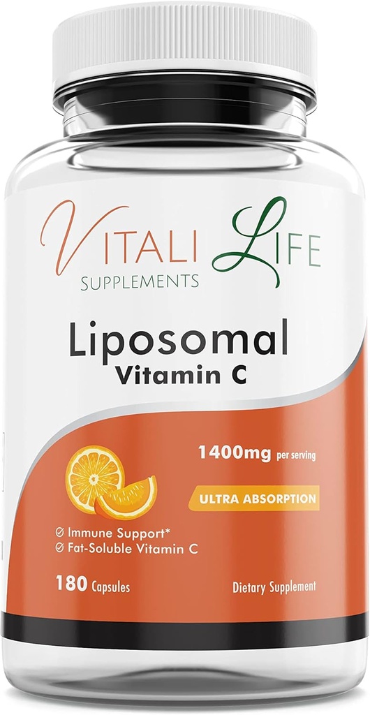 Vitali Life Liposomal Vitamin C, 1400 mg, 180 Capsules, Ultra High Abors from Ascorbik Acid, Güçlü Antioksi, Immune System Support, Collagen Boosting for Skin Health