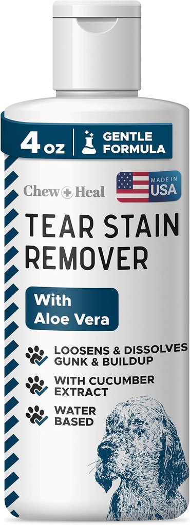 Chew + Heal Labs Pet Tear Stain Köpekler için kaldırıldı - 4 oz Water-Based Dog Eye Yıkama & Temiz - Dissolves Gunk & Buildup - Aloe Vera & Cucumber Tür