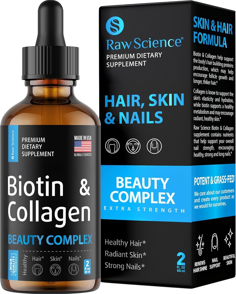 Saç Büyümesi için sıvı Collagen & Biotin Supplements - Biotin 10000mcg Collagen, 20000 Live Drops - Kadınlar ve Erkekler için Saç Vitaminleri, Skin ve Nail Güçlendirici - ABD'de Yapıldı, 2 floz