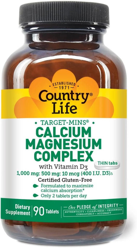 Country Life Target-Mins Μαγνήσιο ασβεστίου με βιταμίνη D-Complex, 1000mg/500mg/10mcg, 90 δισκία, Certified Gluten Free, Certified Vegetarian