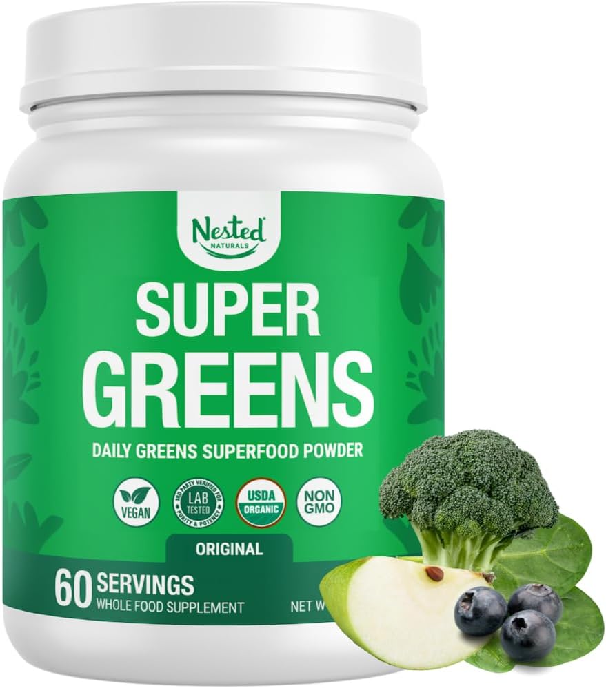 Nested Naturals Super Greens Daily Superfood Toz - sertifikalı USDA Organik Yeşil Toz w/20+ Tüm Gıdalar, Spirulina Toz, Buğday & Barley Grass - Probiyotikler, Fiber & Enzymes - Original Flavor, 60