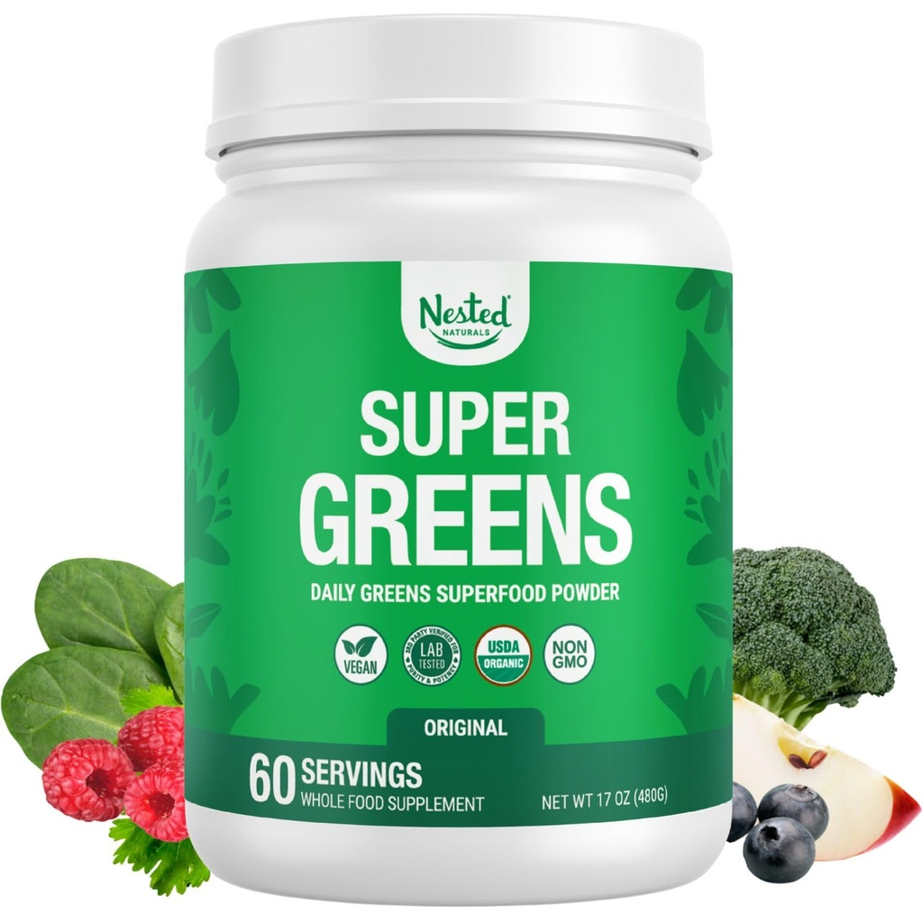 Nested Naturals Super Greens Daily Superfood Toz - sertifikalı USDA Organik Yeşil Toz w/20+ Tüm Gıdalar, Spirulina Toz, Buğday & Barley Grass - Probiyotikler, Fiber & Enzymes - Original Flavor, 60