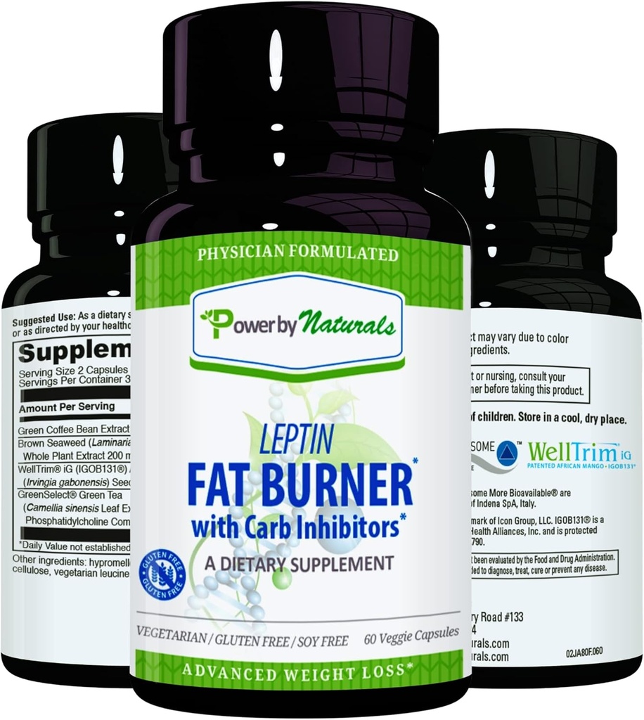 Power By Naturals: Leptin Fat Burner with Carb Blocker - 60 Gluten-free κάψουλες, Leptin Weight Loss Diet Hills, Efficient Fat Burner, Appetite Suppressant