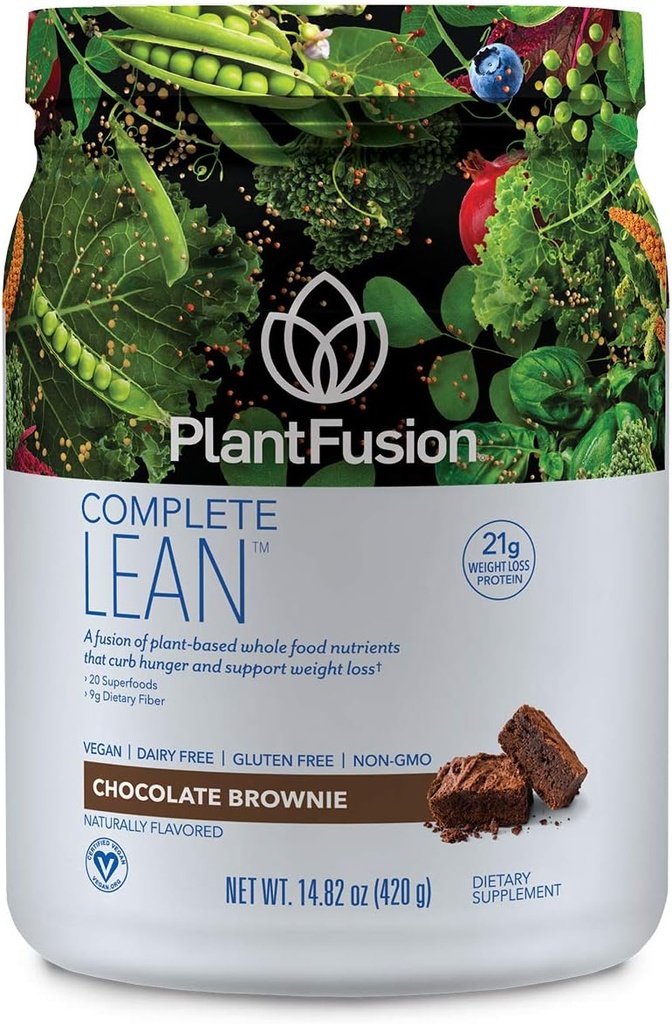 PlantFusion Complete Lean Plant Based Protein Powder - Prebiotic Fiber, Superfoods & Digestive Enzymes - Vegan, Χωρίς γλουτένη, Χωρίς σόγια, Μη ΓΤΟ - Σοκολάτα Brownie 1 lb