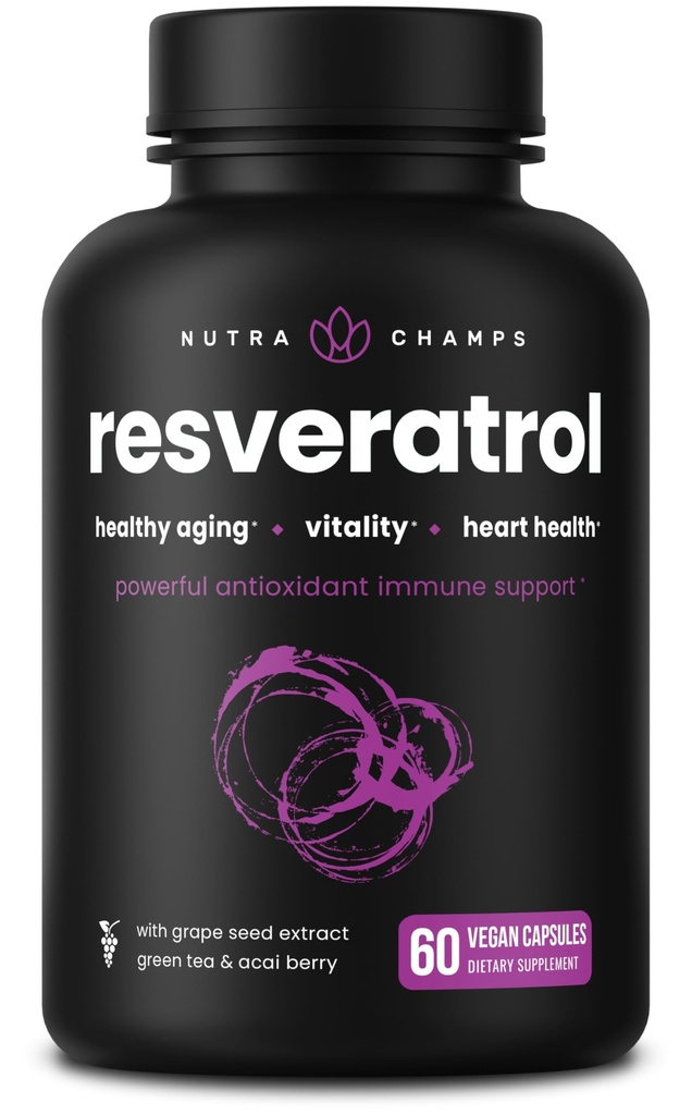 NutraChamps Resveratrol Supplement, Extra Strength Formula for Healthy Aging, Immune Support, 60 Vegan Capsules with Trans-Resveratrol, Green Tea Leaf, Acai Berry & Grape Seed Extract