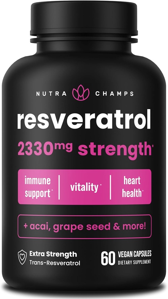 NutraChamps Resveratrol Supplement, Extra Strength Formula for Healthy Aging, Immune Support, 60 Vegan Capsules with Trans-Resveratrol, Green Tea Leaf, Acai Berry & Grape Seed Extract
