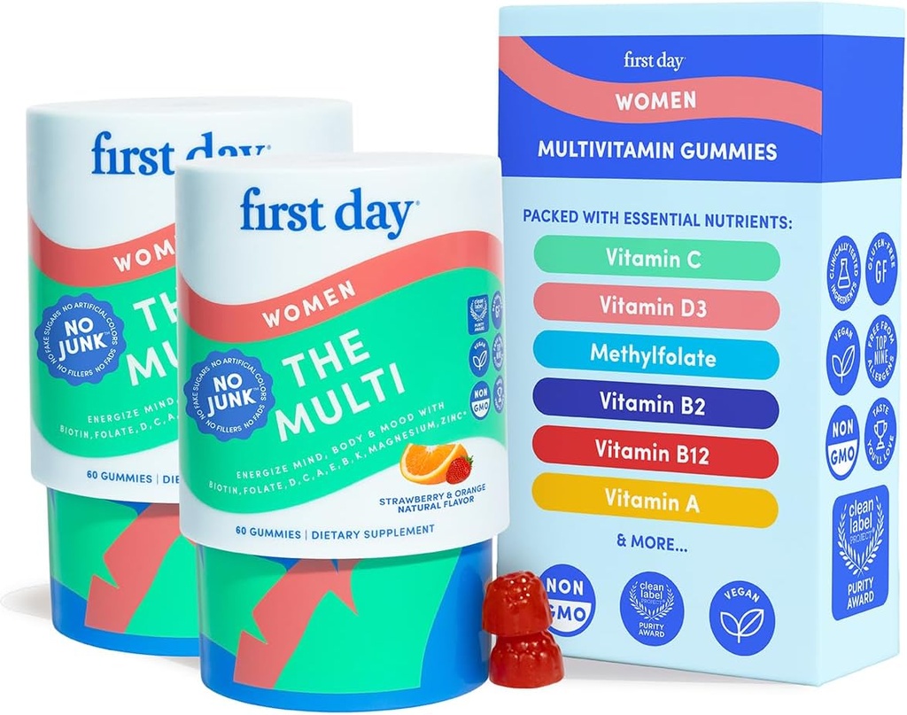 Kadınlar için ilk gün - Daily Womens Multivitamin Gummies - A C D E B12, Magnezyum, çinko, Biotin - Vegan, Gluten Free Womens Vitamins - Saç Büyüme, Cilt, Enerji - 60 Gün Supply