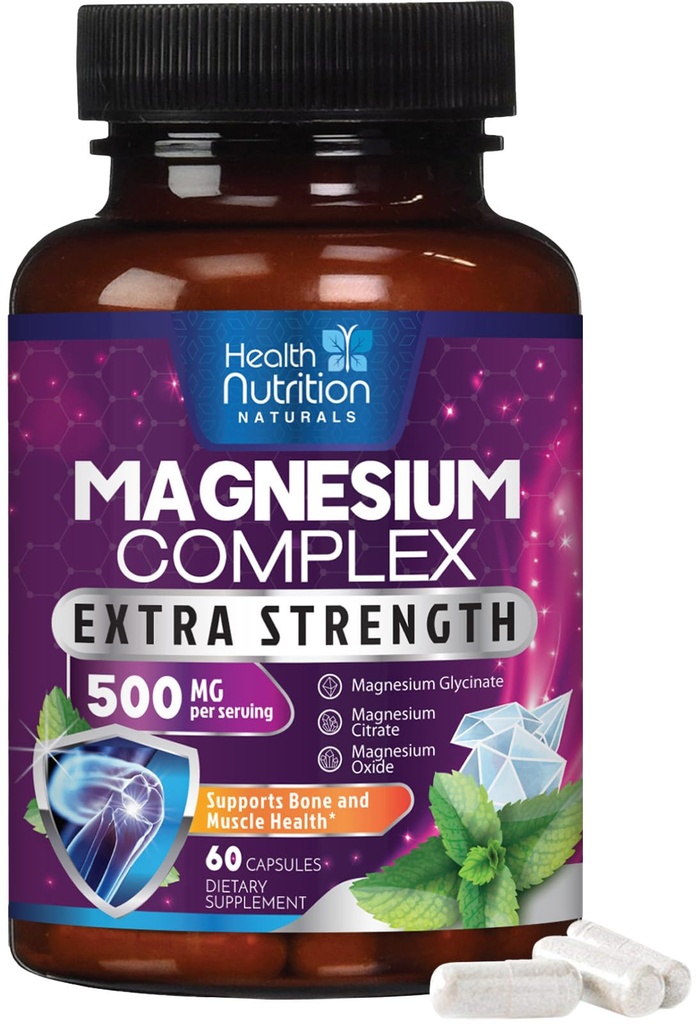Magnezyum Complex Capsules 500 mg with Hoffman, Glycinate, Malate, Citrate - Yüksek Abpsiyon Kompleksi - Kas, Bone and Heart Health Support - 60 Capsules