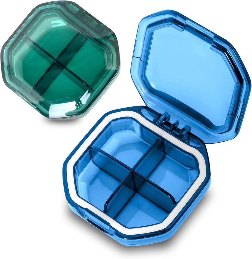 Daily Pill Organizer, 2 Pack 4 Διαμερίσματα Μικρό κουτί χάπια Φορητή θήκη χάπι, Travel Pill Organizer για Purse Pocket να κρατήσει βιταμίνες, Cod Liver Oil, συμπληρώματα και φαρμακευτική αγωγή (μπλε + πράσινο)
