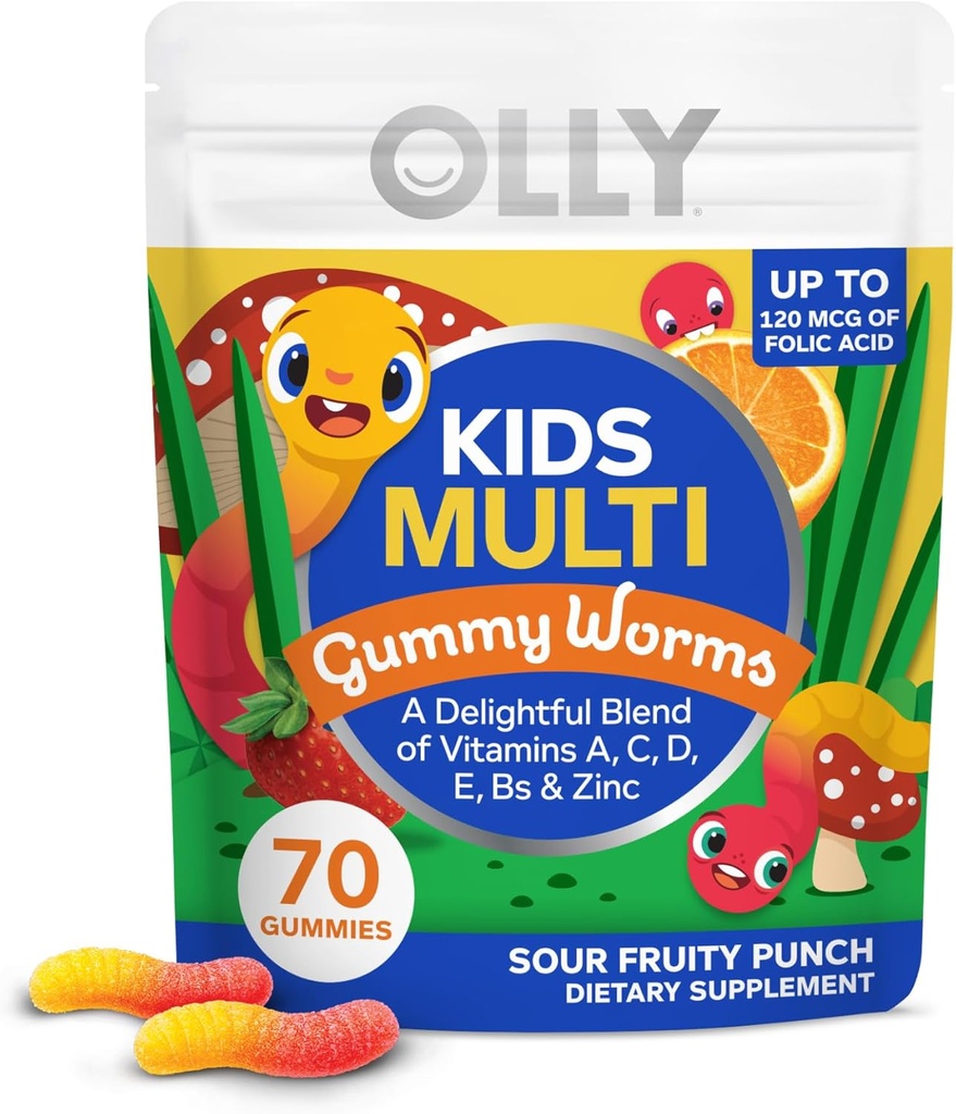 OLLY Kids Multivitamin Gummy Worms, Genel Sağlık ve Immune Support, Vitaminler ve Mineraller A, C, D, E, Bs ve çinko, Chewable Supplement, Sour Punch, 45 Day Supply - 70 Count