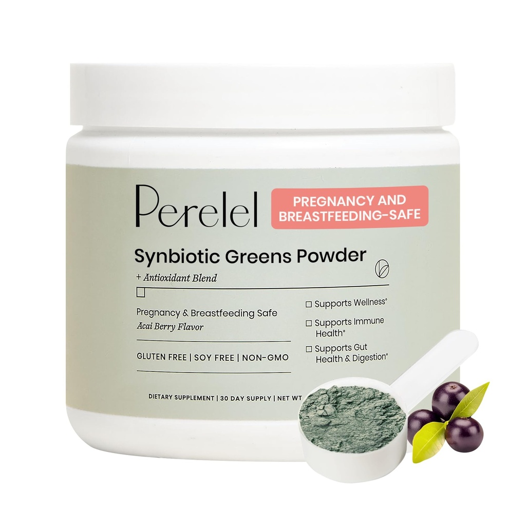 Perelel Synbiotic Greens Powder, Superfood Blend με Φρούτα, Λαχανικά, Προβιοτικά, Fiber, Spirulina & Chlorella, Daily Greens Supplement, Soy & Gluten Free, Non GMO, Acai Berry Flavor, 30 Servings