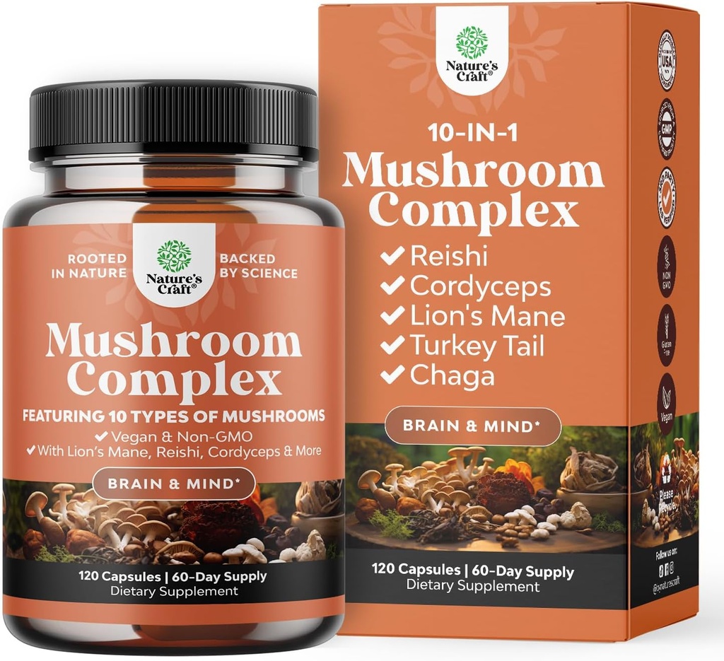 Προηγμένη Mushroom Complex κάψουλες - 10X Lions Mane Συμπληρώματα κάψουλες με Reishi, Chaga, Maitake & Shiitake για την υποστήριξη και εστίαση μνήμης εγκεφαλικής υγείας - Nootropic for Mental Clarity - 120 Caps