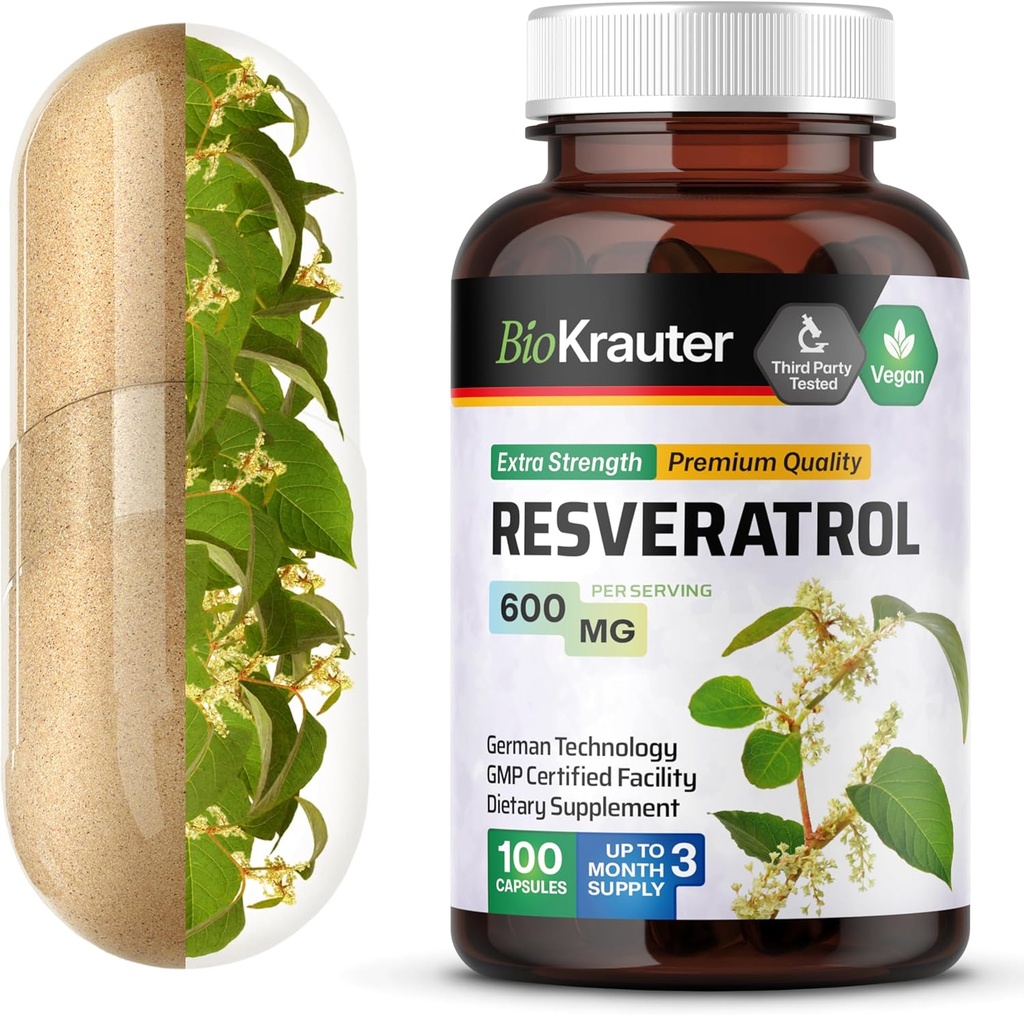 BIO KRAUTER Resveratrol Supplement Capsules 600 mg - 100 Kont - Doğal Antioksit Kaynağı - 98 Pure Trans Resveratrol Toz - Vegan
