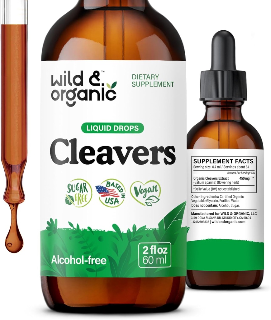 Wild & Organic Cleavers Tincture - Natural Detox Drops with Cleavers Leaf - Galium Aparine Herb Extract Supplement - Vegan, Sugar & Alkol-Free - 2 fl ozz