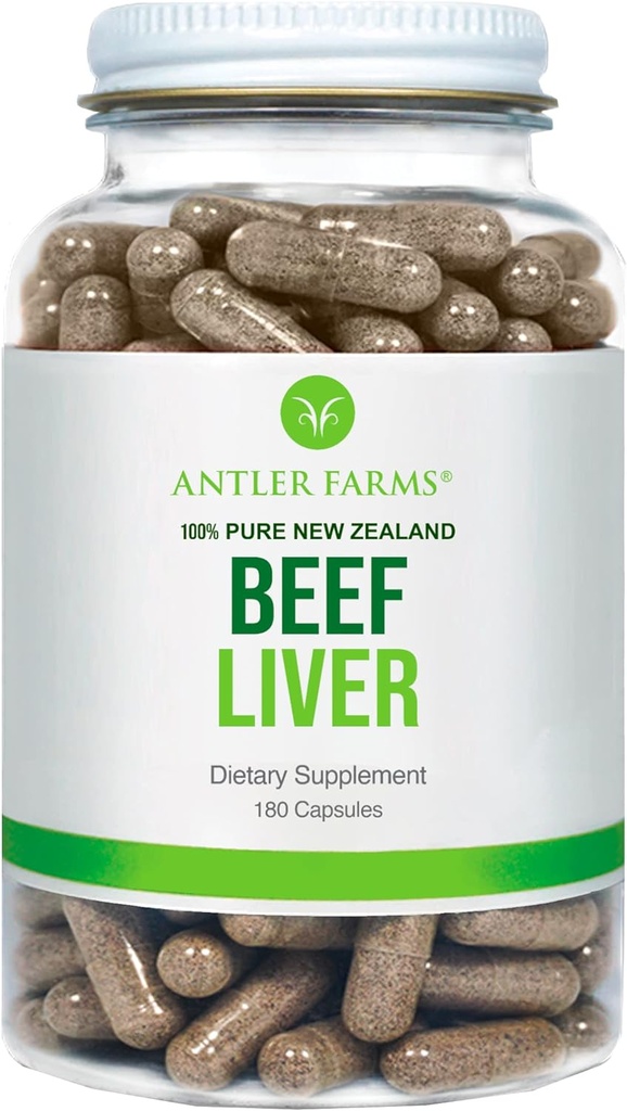 Antler Farms - 100% Pure New Zealand Beef Liver, 180 Capsules, 500 mg - Grass Fed, Cold Processed Supplement, Pure and Clean rBGH Free, No Fillers veya Katkılar
