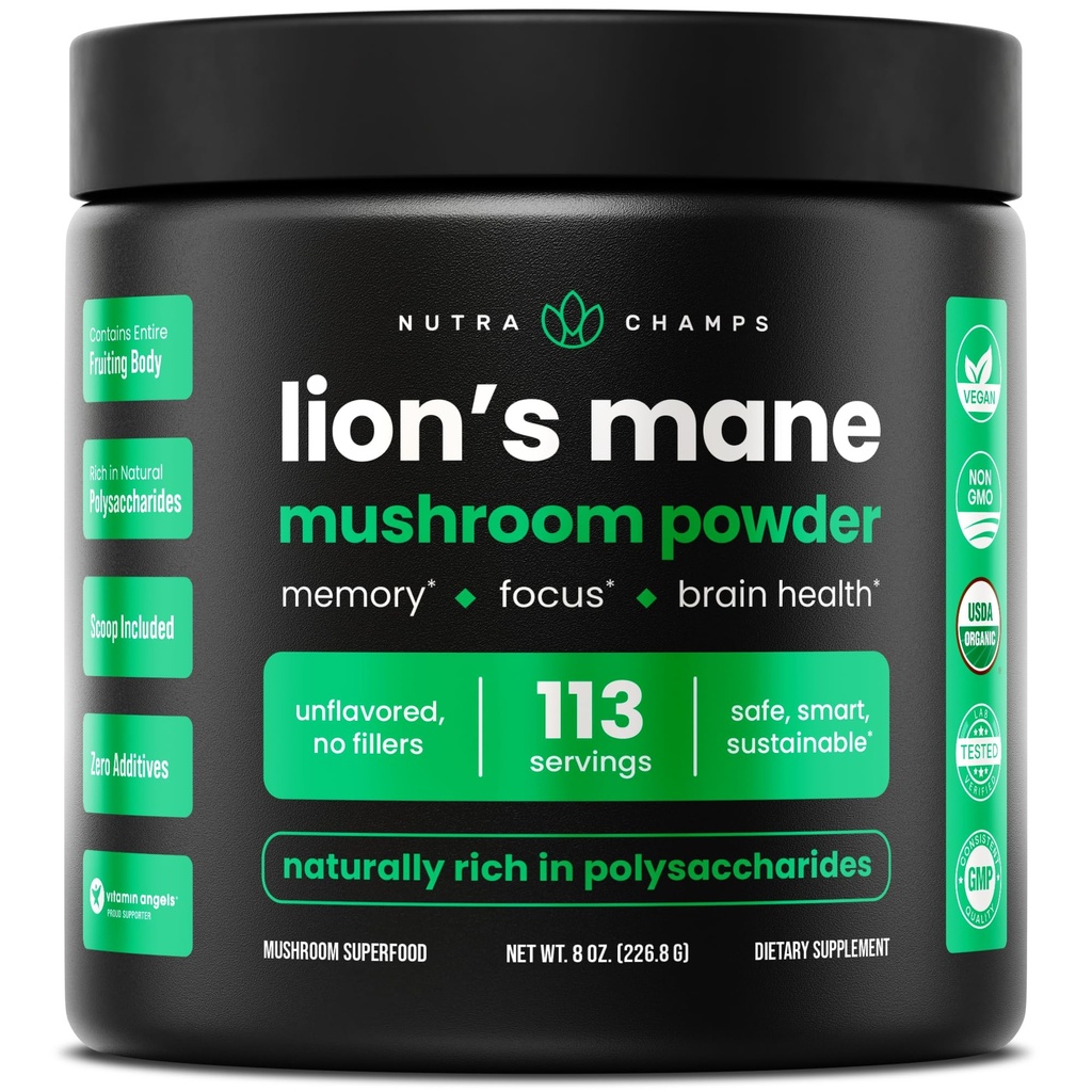 NutraChamps Organik Lions Mane Toz - 2000 mg Memory, Focus, Immune Support - Vegan Lion's Mane Mushroom Toz Supplement with Natural Occurring Beta-Glucans - 8oz