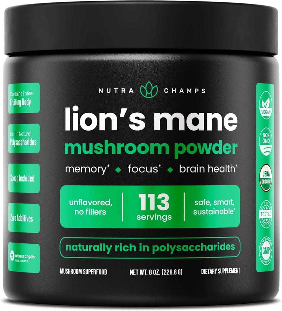 NutraChamps Organik Lions Mane Toz - 2000 mg Memory, Focus, Immune Support - Vegan Lion's Mane Mushroom Toz Supplement with Natural Occurring Beta-Glucans - 8oz
