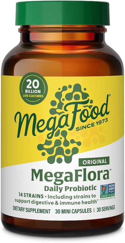 MegaFood MegaFlora Probiotic - Προβιοτικά για τις γυναίκες Digestive Health - συμπλήρωμα υποστήριξης ανοσοποιητικών - 20 δις CFU - 14 Strains - Μη ΓΤΟ - Χορτοφαγικά - 30 μίνι κάψουλες (30 εξυπηρετούν)