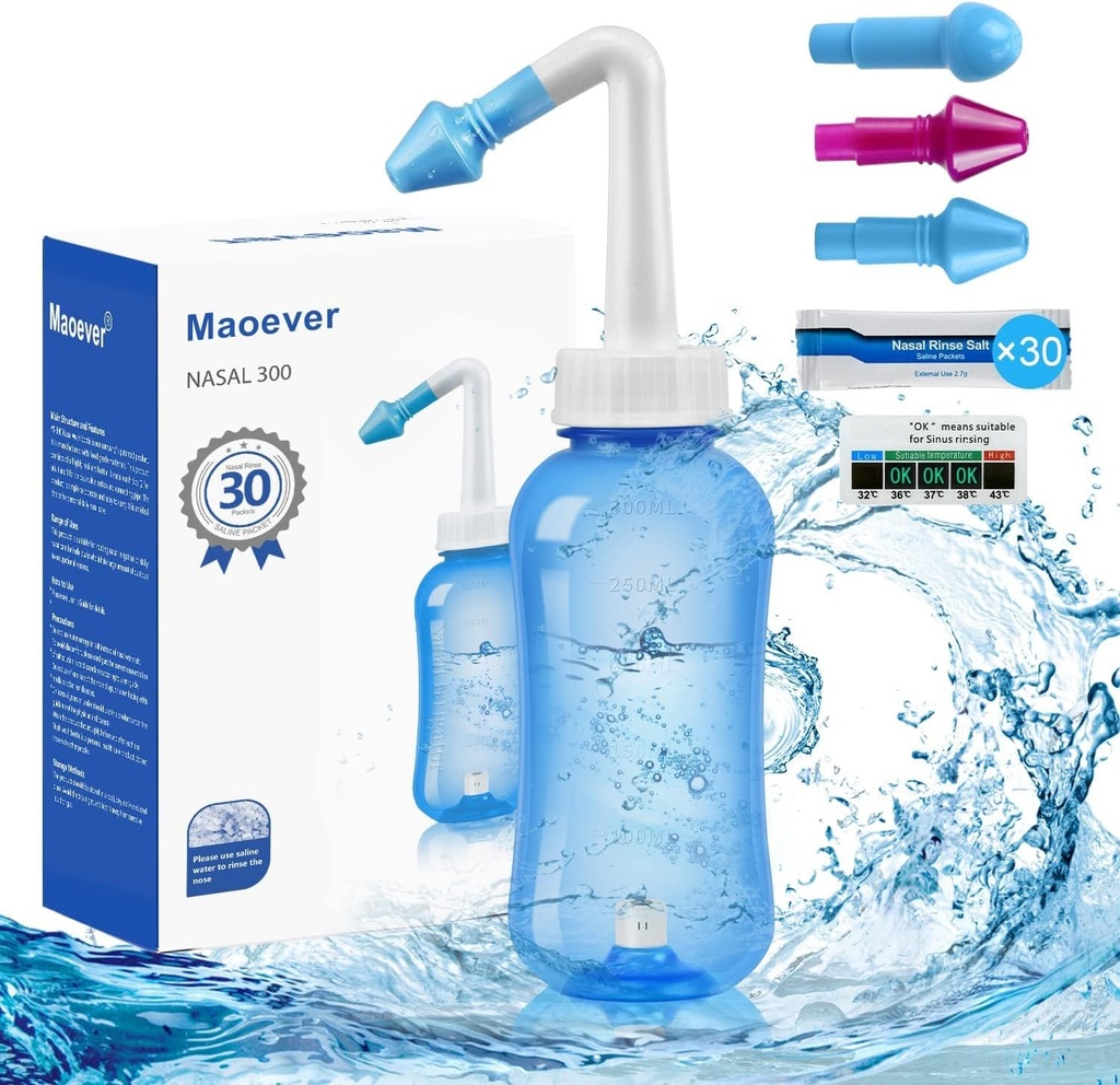 MAOEVER Neti Pot Sinus Rinse Nasal Yıkama 300ML Neti-Pot with 30 Nasal Wash Salt Packets and Style Thermometer Nose Temiz Çamaşır Şişe Temiz Basınç Irrigation for Adult & Kid BPA Free (Mavi)