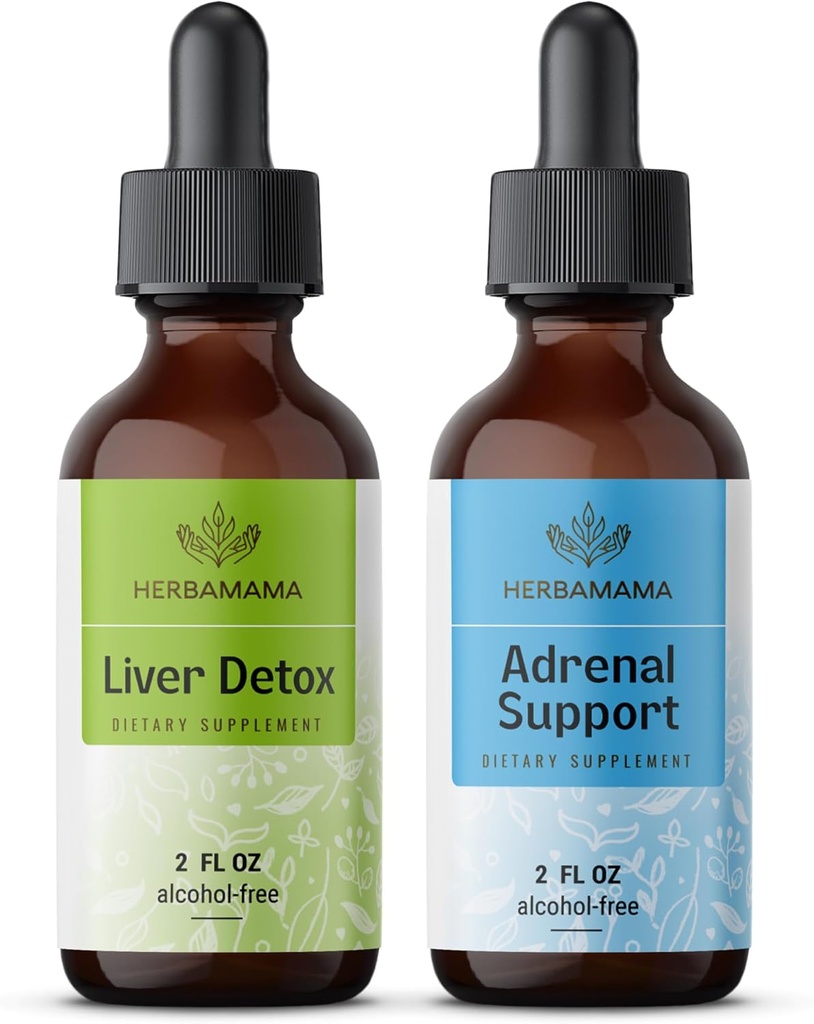 HERBAMA Herbal Liquid Drops Kit - Bundle of Liver Detox Complex 4 fl oz & Adrenal Support Drops 2 fl oz - Vegan, Non-GMO, Sugar & Alcohol-Free - 2 Pack