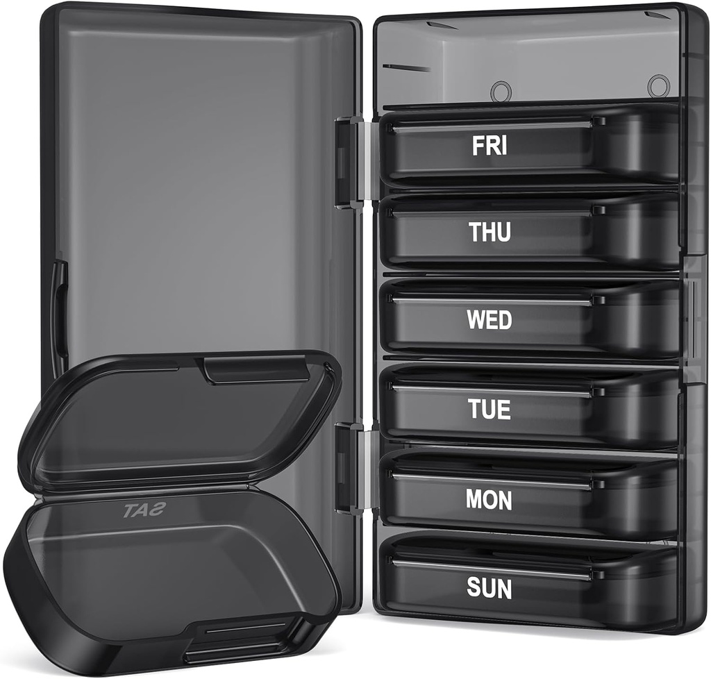 PULIV Weekly Pill Organizer with Large Kapasite, Dual Protection Pill Box 7 Day, Arthritis Friendly Pill Case Easy to Open, Medicine Organizer for Vitamins, Drugs, Fish Oils, Supplements (Black)