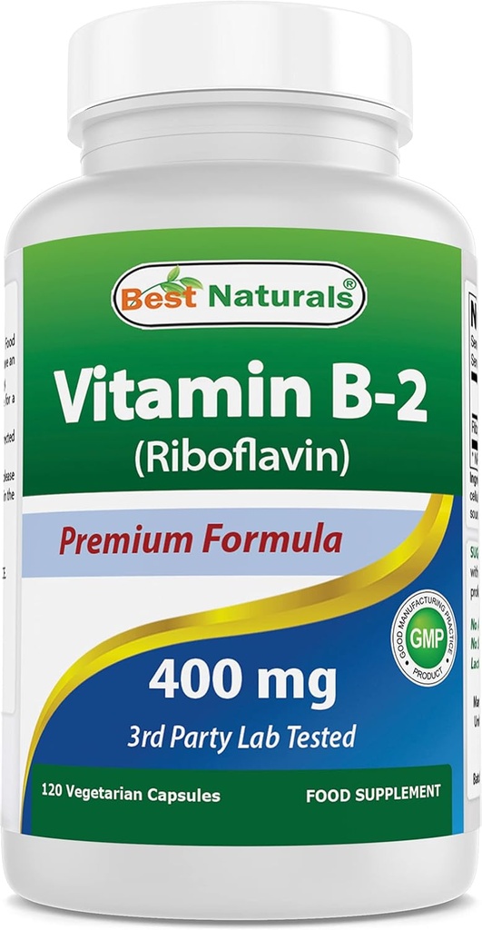 Best Naturals Βιταμίνη Β2 (Riboflavin) 400mg - Ημικρανία Ανακούφιση - Κάψουλες Veggie - Konezyme Precursor - 120 Count