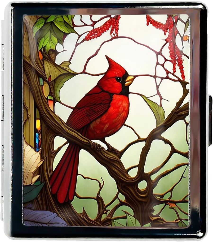 Travel Pill Organizer Small Pill Case for Purse Essentials 7 Days Cute Pill Box with Mirror Portable Pill Box for Pocket or Purse Pill Containe Travel Gifts (Cardinal Stained Glass)