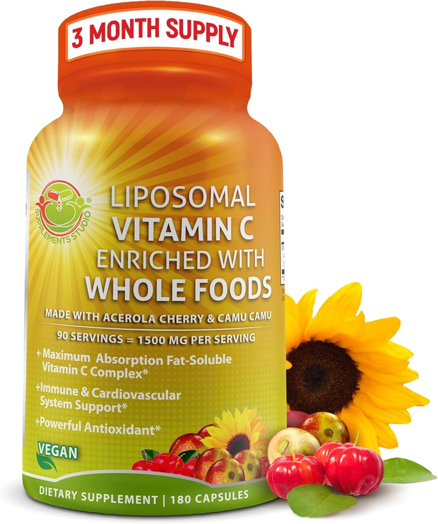 Liposomal Vitamin C Capsules - 1500 mg - Organik Acerola Cherries & Camu Camu, Yüksek Potency C Liposomal - Immune Support Supplement, Geliştirilmiş Absiyon & Bioavailability - 180 Count