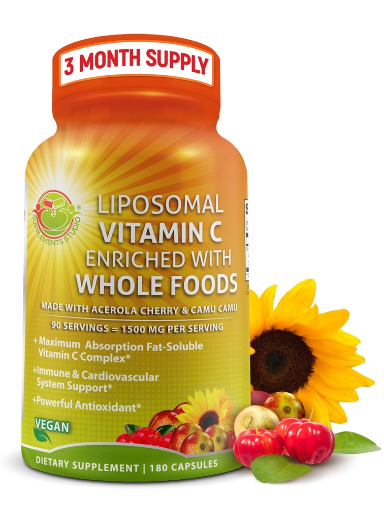Liposomal Vitamin C Capsules - 1500 mg - Organik Acerola Cherries & Camu Camu, Yüksek Potency C Liposomal - Immune Support Supplement, Geliştirilmiş Absiyon & Bioavailability - 180 Count