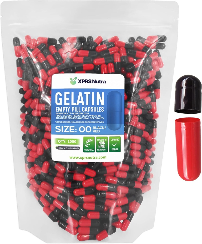 XPRS Nutra Μέγεθος 00 Κενές κάψουλες - 1000 Count Empty Gelatin Κάψουλες - Χάπια DIY Καψάκιο Γέμισμα - Γέμισμα χάπια Gel Caps για Do-It-Yourself Συμπληρώματα (Μαύρο / Κόκκινο)