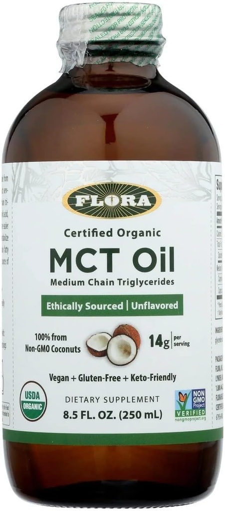 Flora - MCT Oil Sertifikalı Organik - Destekler Kas Enerji ve Beyin Sağlığı - C8 Caprylic Asit & C10 Capric Asit - Non-GMO, Gluten-Free, Vegan & Keto-Friendly - 8.5 fl. oz.