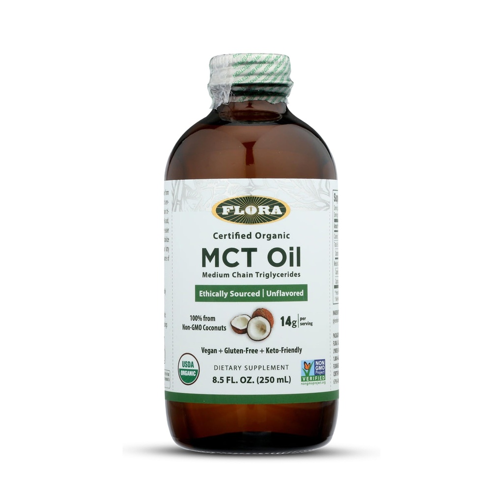 Flora - MCT Oil Sertifikalı Organik - Destekler Kas Enerji ve Beyin Sağlığı - C8 Caprylic Asit & C10 Capric Asit - Non-GMO, Gluten-Free, Vegan & Keto-Friendly - 8.5 fl. oz.